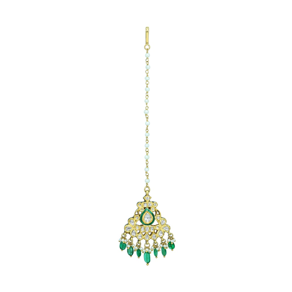 Green Enamel Polki Mangtikka with Pearl and Emerald Drops